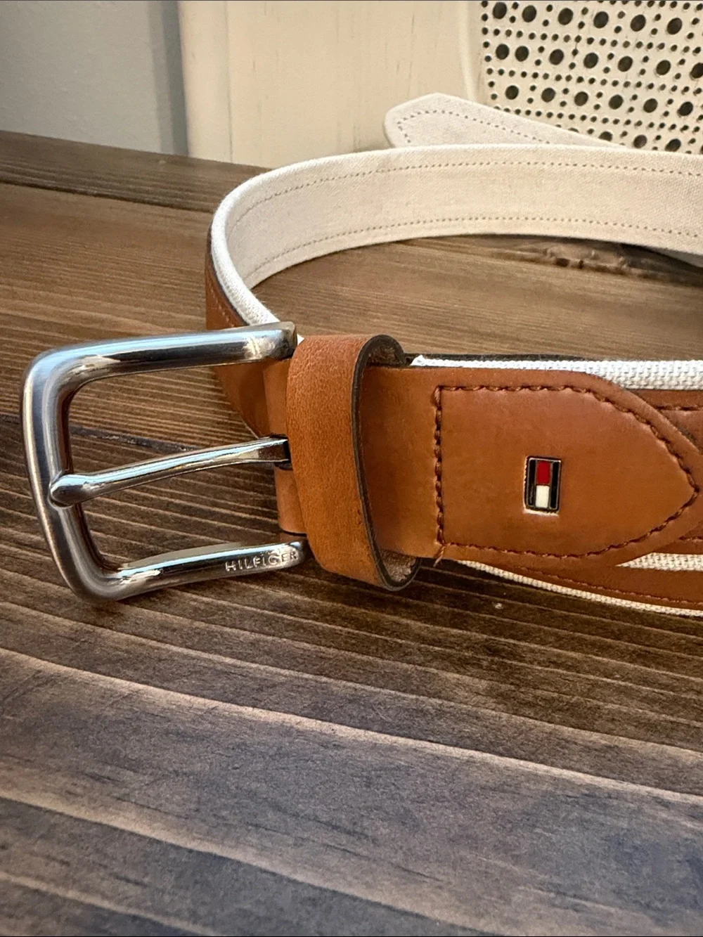 Tommy Hilfiger Tan Leather-Trim White Canvas Belt M